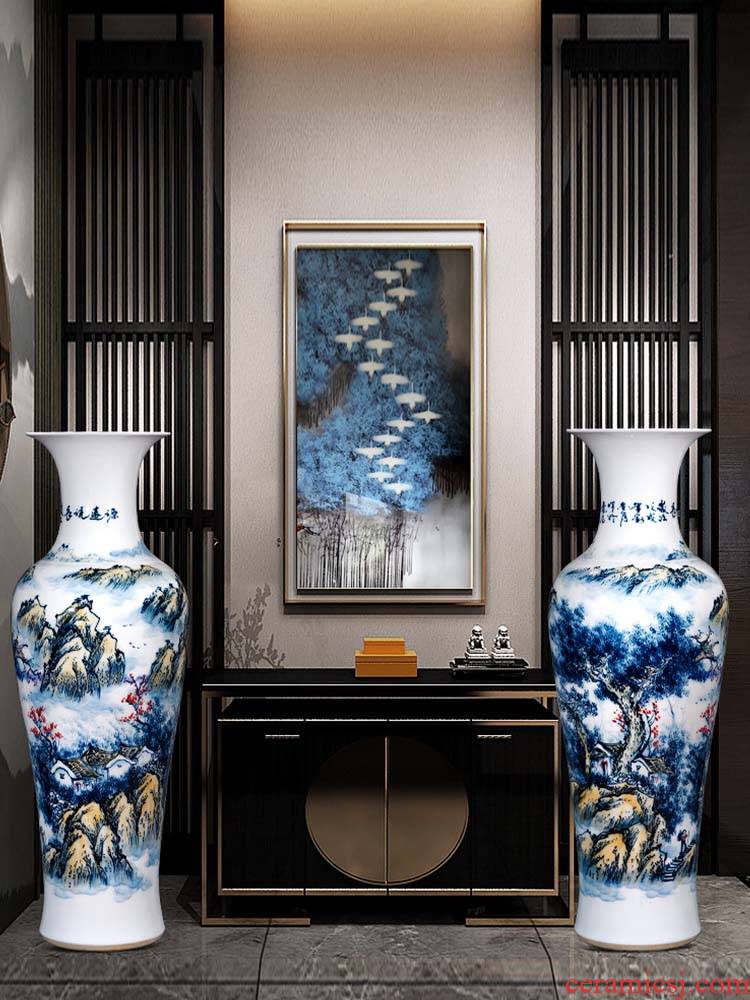 Jingdezhen ceramics hand - made scenery figure of large vase of blue and white porcelain hotel decoration furnishing articles large living room
