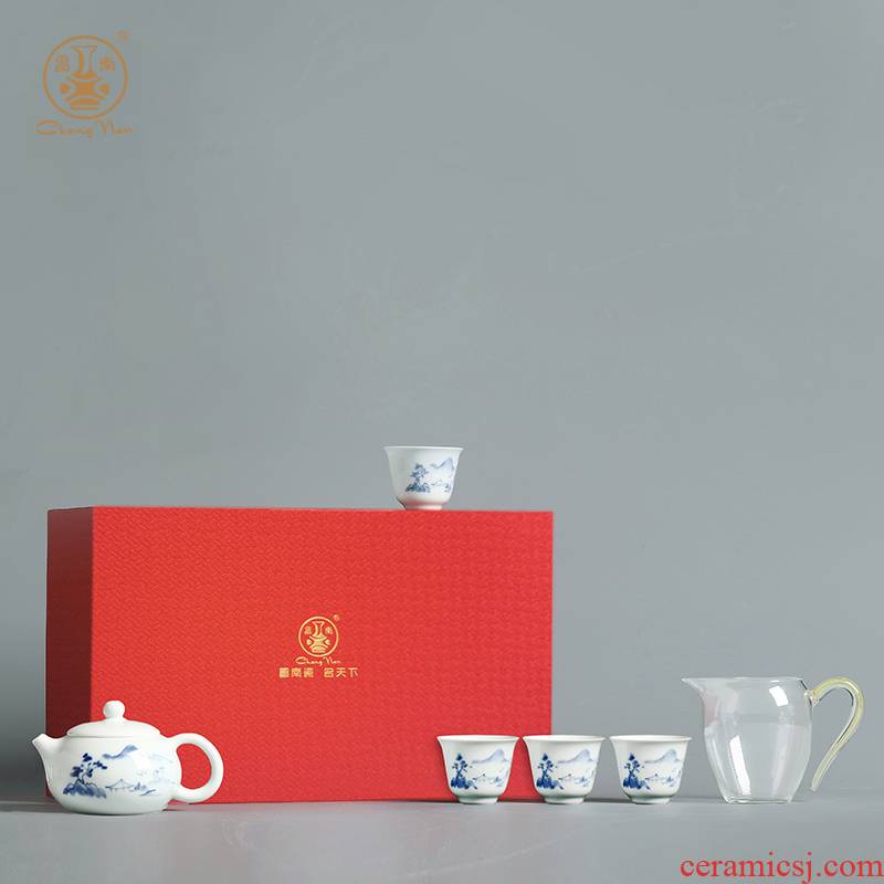 Blue and white landscape prosperous south ceramics hand - made a pot of four cups a gift fair keller delicate jingdezhen tea set