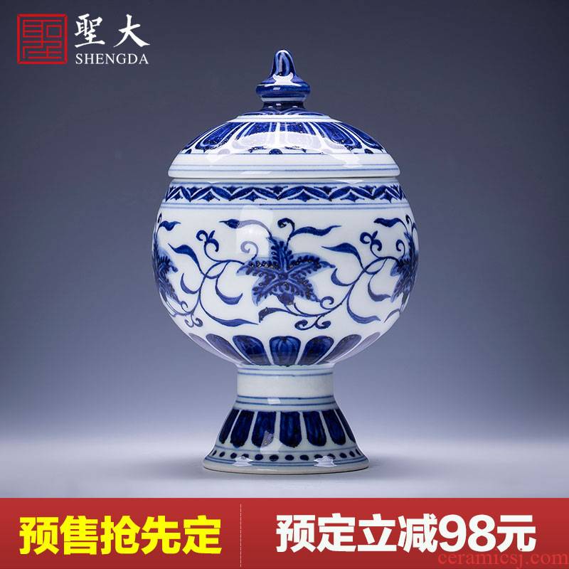 Holy big ceramic tea pot hand - made imitation Ming blue and white renshi okra grain best cover tank, storage tank, jingdezhen tea sets