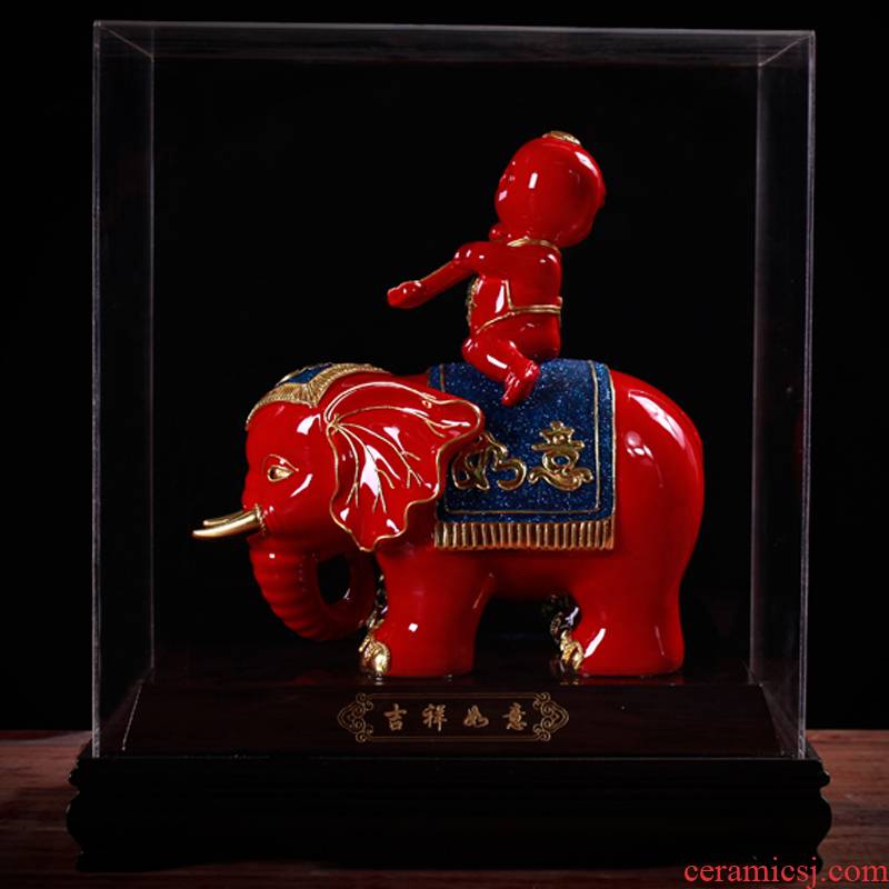 Really sheng min porcelain macro Chinese red paint line carve elephant ruyi home office creative gift decoration process