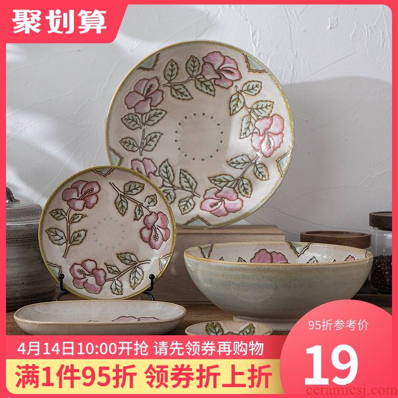 Japanese creative thickening the iron bowl plant decorative pattern plate ceramic tableware portfolio suit circular rainbow such as bowl soup bowl
