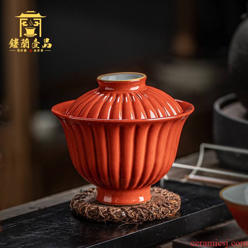 Jingdezhen ceramic old alum red principal royal acknowledged by petals tureen single CPU kung fu tea bowl of tea set