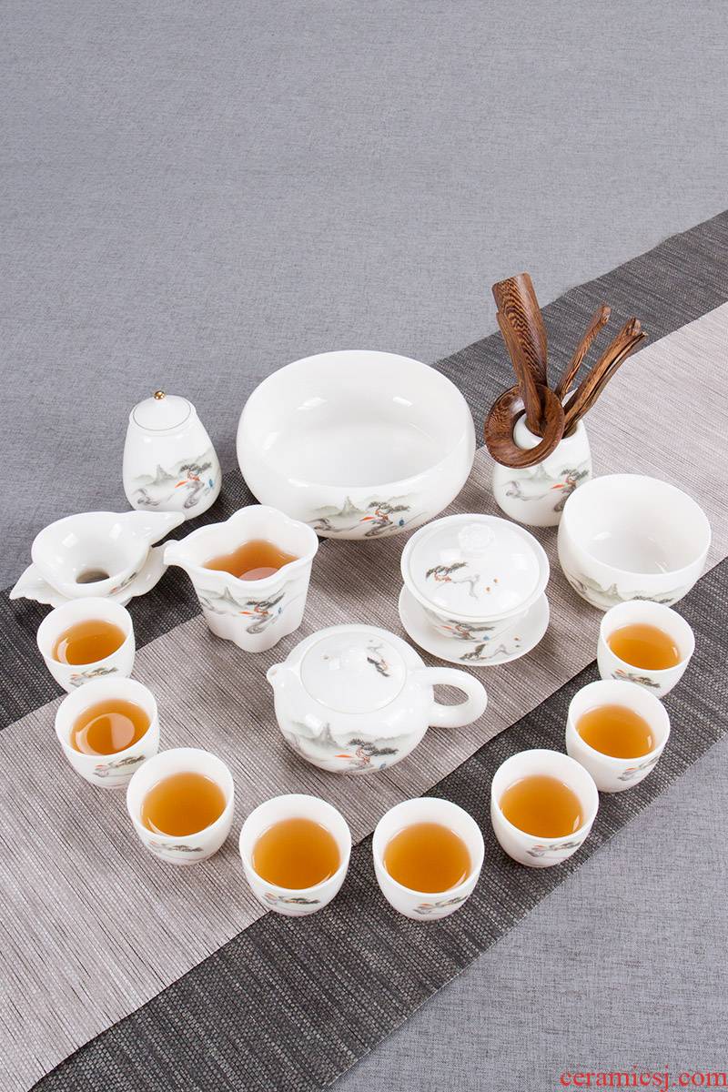 Ronkin suet jade porcelain kung fu tea set dehua white porcelain contracted teapot household gift box of a complete set of cups