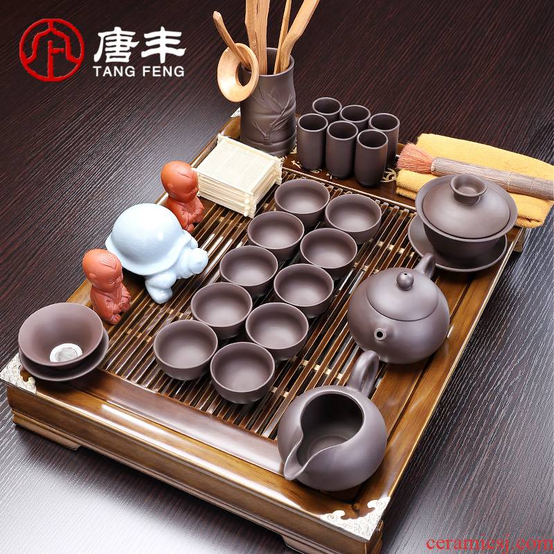 Tang big wooden stainless steel tea tray package ceramic kung fu tea set household contracted tea sets of semi - automatic lazy combination