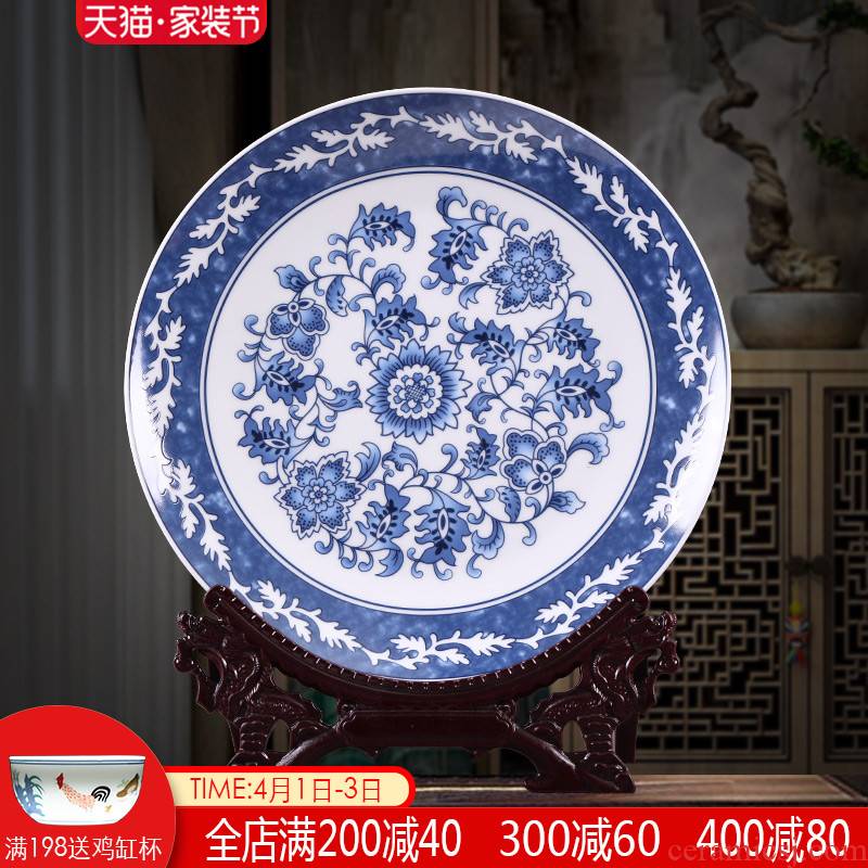 Jingdezhen ceramics Chinese blue - and - white decoration plate furnishing articles home sitting room porch background wall hang dish handicraft