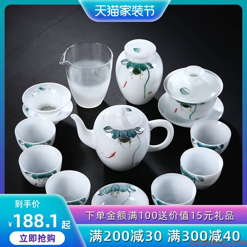 Dehua white porcelain kung fu tea set suit household contracted hand - made tea tea tea sets tea cup lid bowl