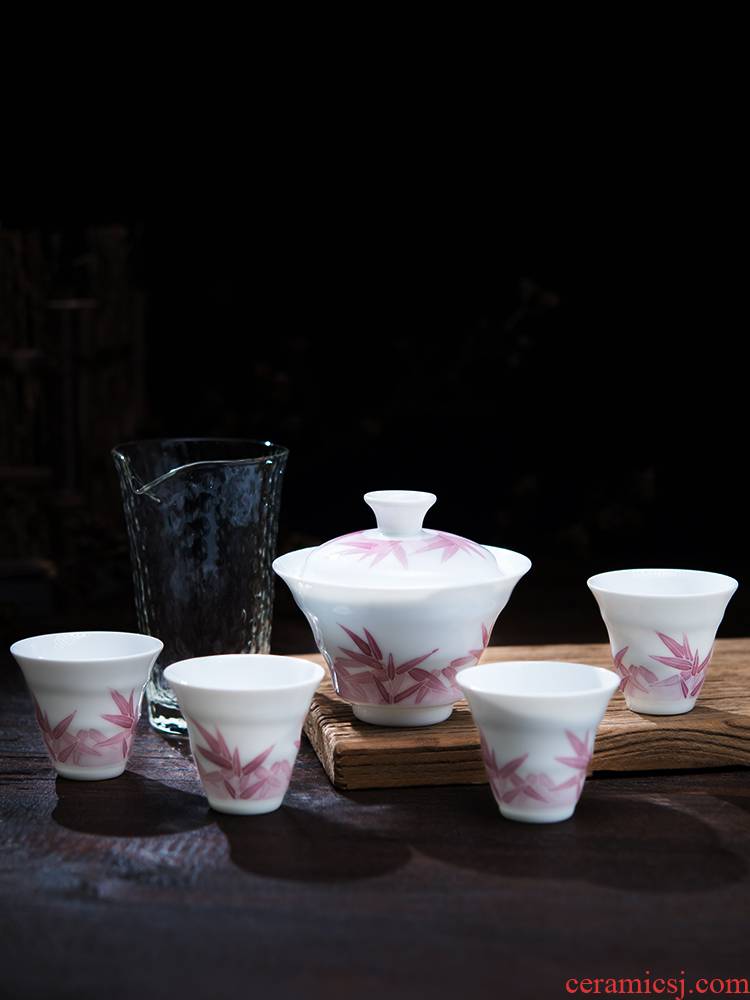Under the liling porcelain glaze color hand - made kung fu tea set tureen home tea bowl thin foetus ceramic cups lid cup