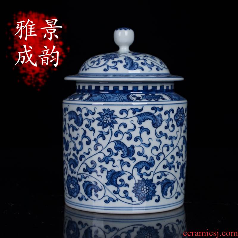 Blue and white porcelain of jingdezhen ceramics bound lotus flower tea pot large cake puer tea loose tea storage tank, the seventh, peulthai the furnishing articles