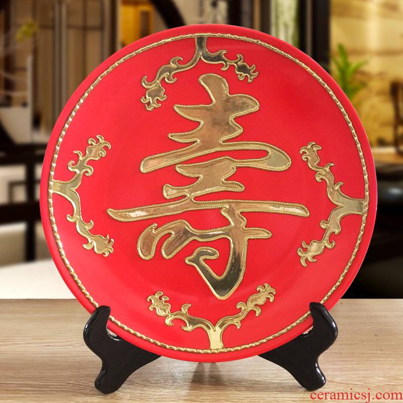Really sheng Chinese red paint line carve longevity and health during the quotation hang dish decorative plate ceramics handicraft birthday gift