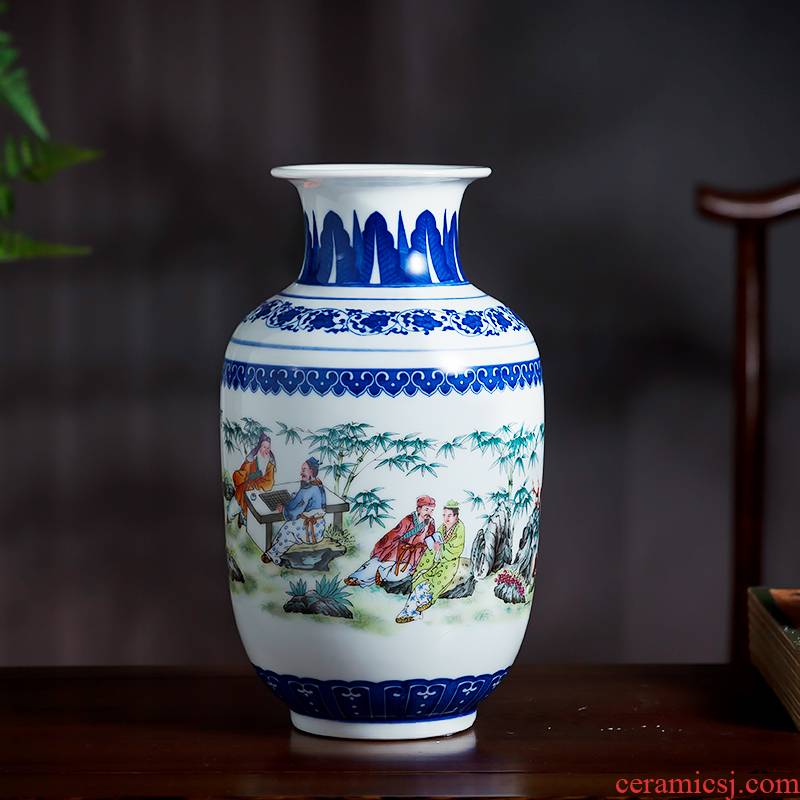 Jingdezhen ceramics bucket color blue and white porcelain vases, flower arrangement of Chinese style living room home decoration rich ancient frame furnishing articles