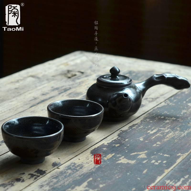 Poly real crack cup partridges temmoku scene light travel tea set suit portable vintage Japanese crude now pot 2 cups