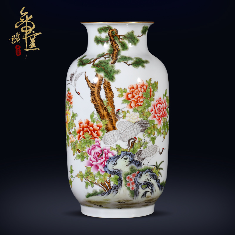 Jingdezhen porcelain collection of the qing yongzheng emperor up principal colored enamel pine crane, prolong vase Chinese style living room furnishing articles