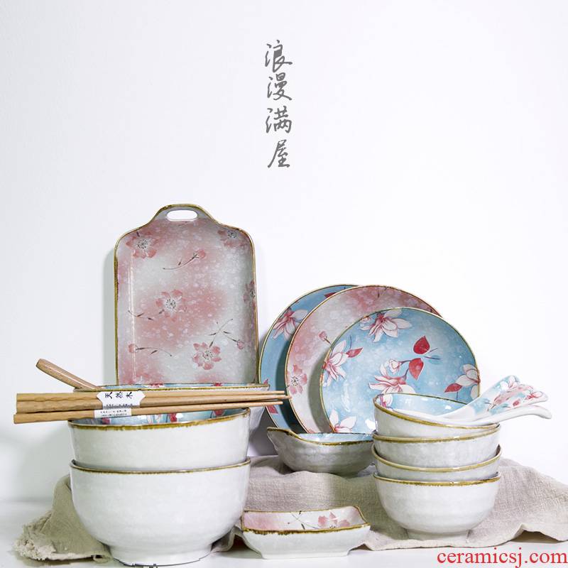 Six people eat Japanese - style tableware suit box hand - made under glaze color porcelain dishes suit household food dish bowl rainbow such use