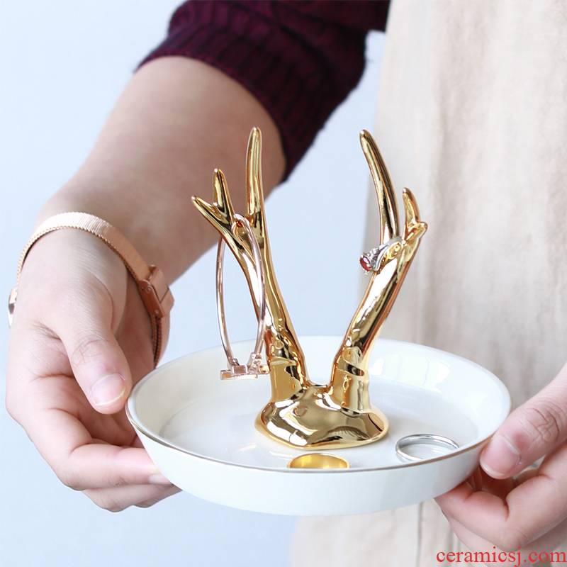 The Jingdezhen ceramic golden fawn/foreign trade tail single unicorn jewellery set/ring of snack tray