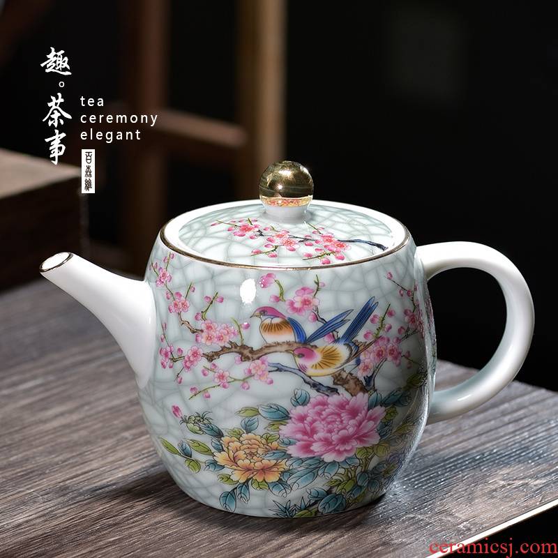 The see colour enamel ceramic teapot large kung fu tea single pot of filtering grilled white porcelain retro flower tea set home