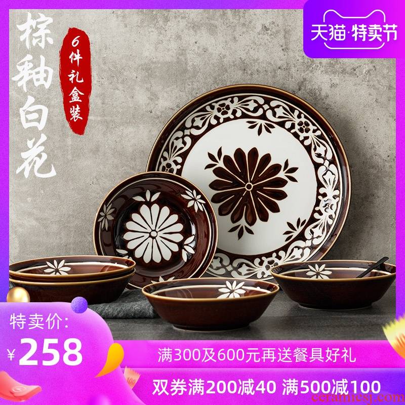 European - style checking ceramic bowl such as bowl household dish dish dish box 6 dishes cutlery sets imported from Japan