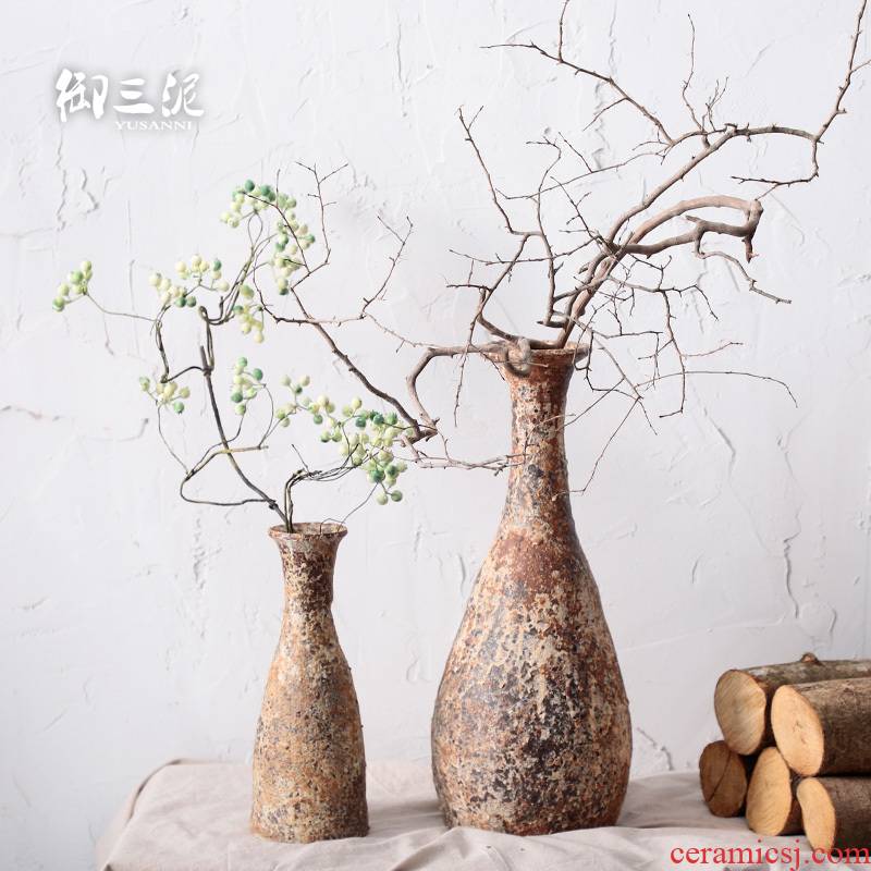 Put dry flower adornment furnishing articles teahouse rural ceramic manual small incision zen floral retro thick clay pottery vase