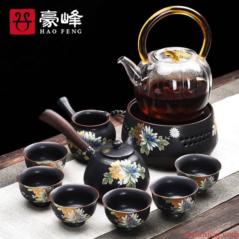 HaoFeng kung fu tea set ceramic hand made black pottery teapot teacup household utensils side teapot gift boxes