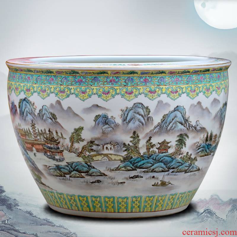 Jingdezhen hand - made landscape painting ceramic goldfish turtle cylinder painting and calligraphy study of sitting room place, a large water lily cylinder
