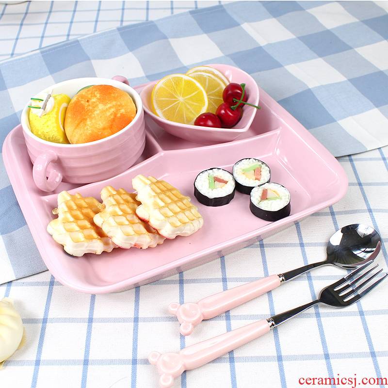 Creative frame plate Korean ceramic insulation household sweet breakfast tray was health pure color plate of fruit fork spoon set