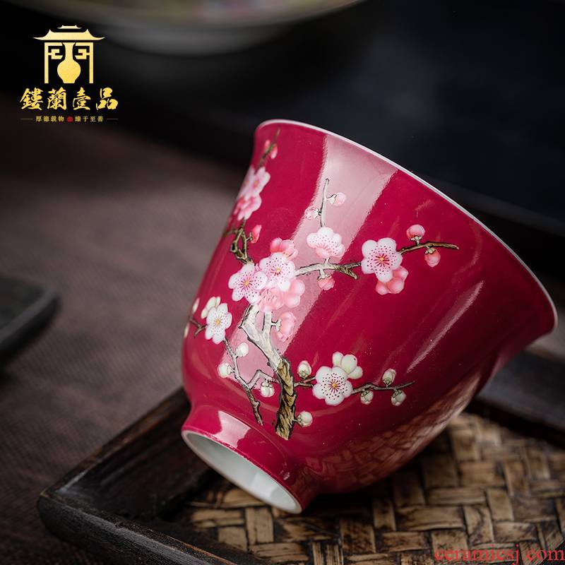 Jingdezhen checking ceramic kung fu tea set carmine name plum single cup cup personal master cup tea cup