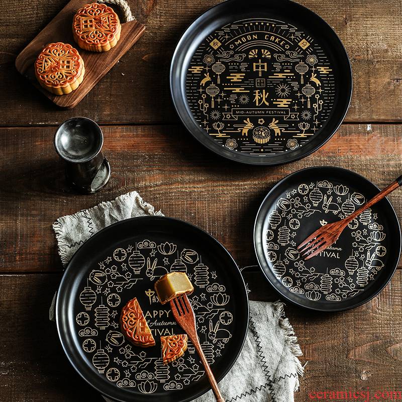 Tinyhome creative Mid - Autumn festival golden printing ceramic plates home new snack plate moon cake plate tray