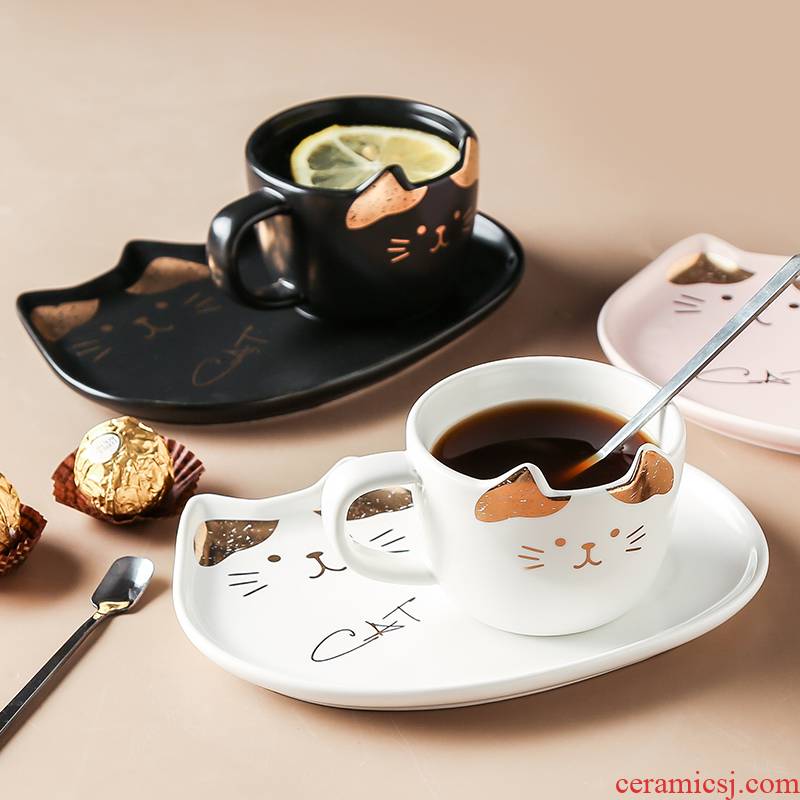 Golden cat lovers coffee cup small suit with a spoon, contracted ceramic north European key-2 luxury oatmeal for breakfast milk cup