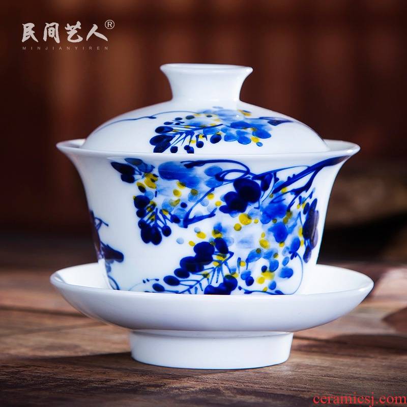 Jingdezhen ceramic tureen tea machine only three bowl of tea bowl of kung fu tea set single CPU hand - made blue bag in the mail