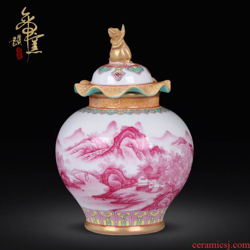 Jingdezhen ceramics imitation the qing qianlong hand - made alum red paint landscape general pot vase household handicraft furnishing articles