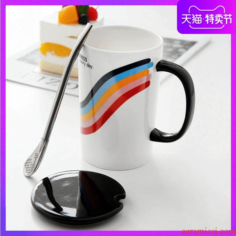Creative contracted glass ceramic cup domestic large capacity mark cup coffee cup tea cups with cover spoon move trend
