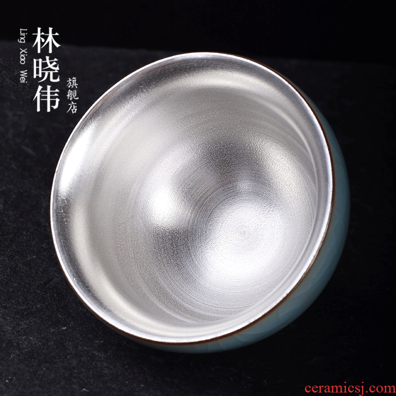 999 sterling silver five ancient jun ceramic cups with silver master cup coppering. As single CPU building light tea pu - erh tea sample tea cup