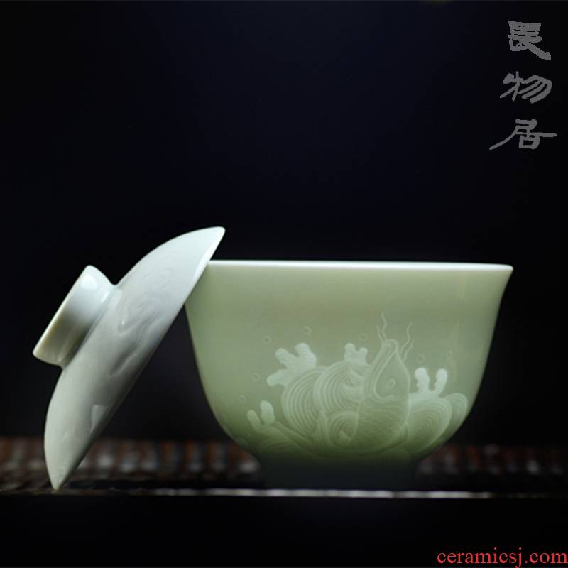 Offered home - cooked shadow blue glaze blue white porcelain in pure hand - carved carp only three tureen jingdezhen ceramic tea cups