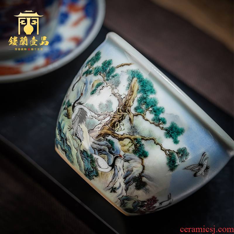 Jingdezhen ceramic pure hand draw pastel pine crane live master cup kung fu tea tea cup personal tea cups