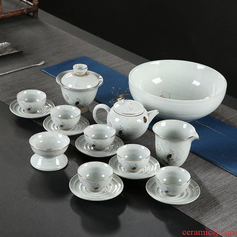 Japanese saw antique porcelain kung fu tea set suit household contracted retro zen coarse pottery ceramic cup lid bowl