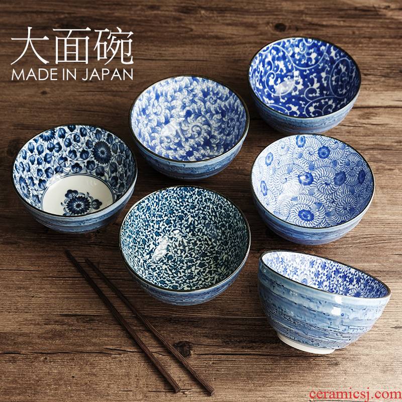 Imported ceramic bowl large pull rainbow such to use Japanese tableware for household use blue and white, large bowl of beef noodles in soup bowl rainbow such use