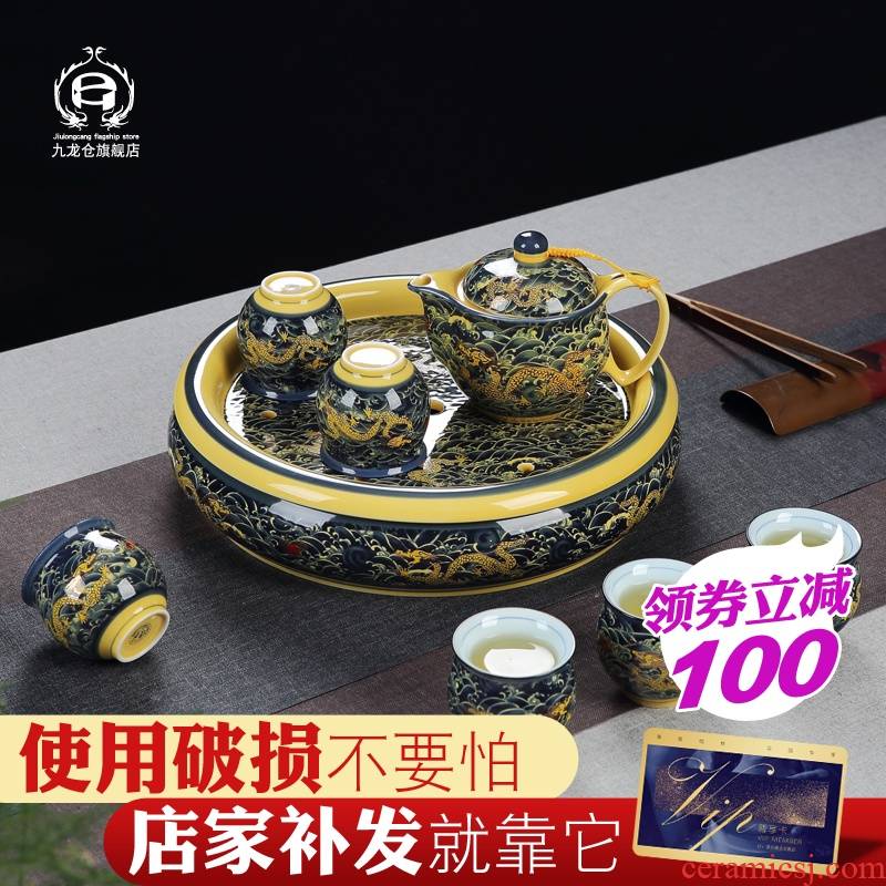 Jingdezhen double ceramic kung fu tea tea tea set suits for the whole family sitting room teapot teacup tea tray