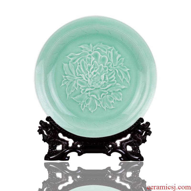 Peony shadow st31 jingdezhen ceramics green decorative plate modern Chinese style living room decoration handicraft furnishing articles