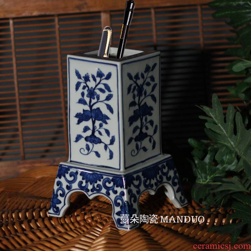 Jingdezhen hand - made flowers and blue and white folding branches blue - and - white porcelain brush pot high Wen Fang jas together celebrates the hall in the the qing dynasty