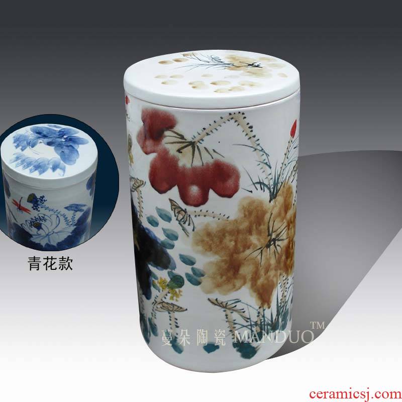 Jingdezhen authentic hand - drawn lotus tea, the seventh, peulthai the ceramic cover quiver straight tube ceramic porcelain rice pot