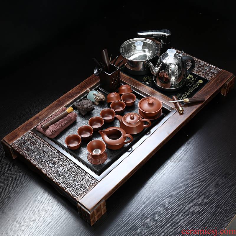 ZongTang ceramic cups automatic induction cooker purple sand tea set household kung fu tea tea solid wood tea tray
