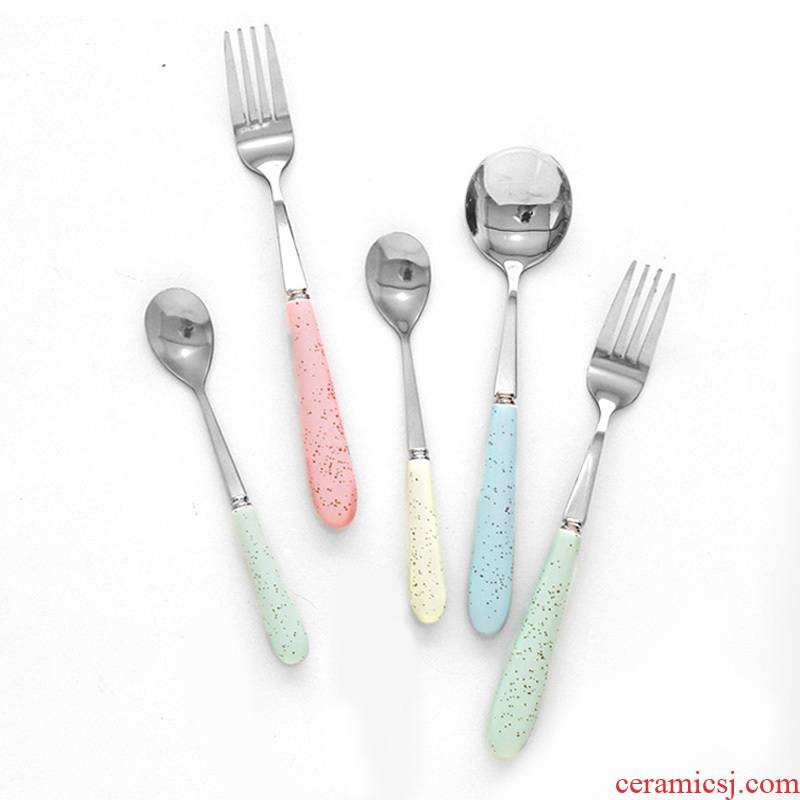 Sweet candy color glaze ceramic stainless steel dinner spoon handle western fork spoon household fruit fork coffee spoon