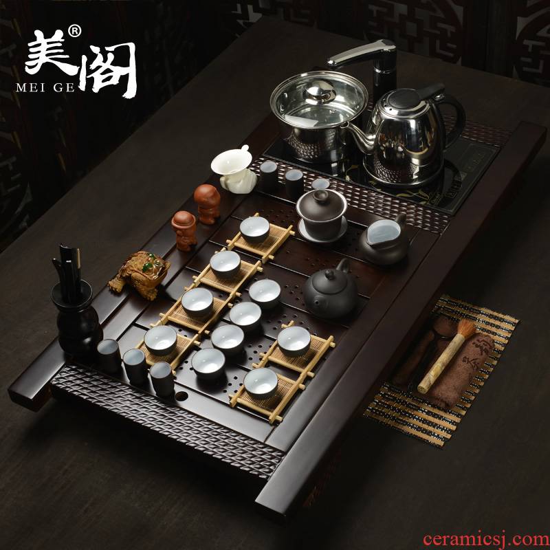 Beauty cabinet household ceramic tea set yixing purple sand of a complete set of kung fu solid wood tea tray induction cooker four unity