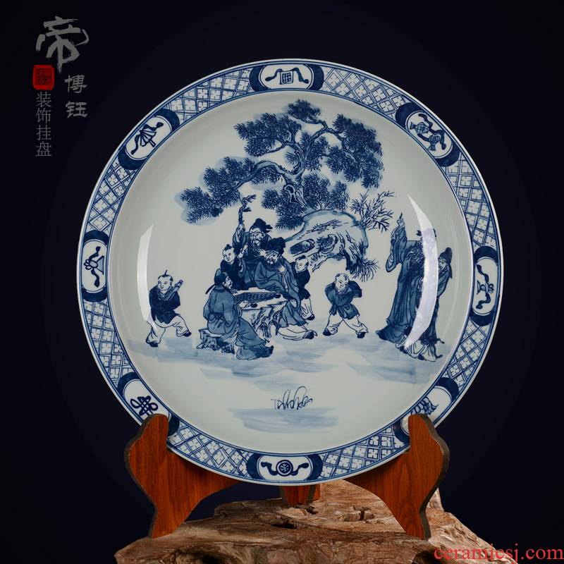 Jingdezhen ceramic decoration plate sit plate hanging dish hand - made antique blue - and - white porcelain handicraft furnishing articles game characters
