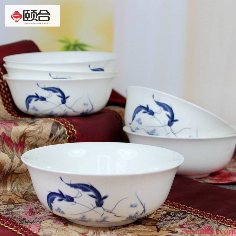 6 inches glaze blue and white fish ipads porcelain in the microwave oven rainbow such as bowl six Chinese style household tableware practical daily gift set