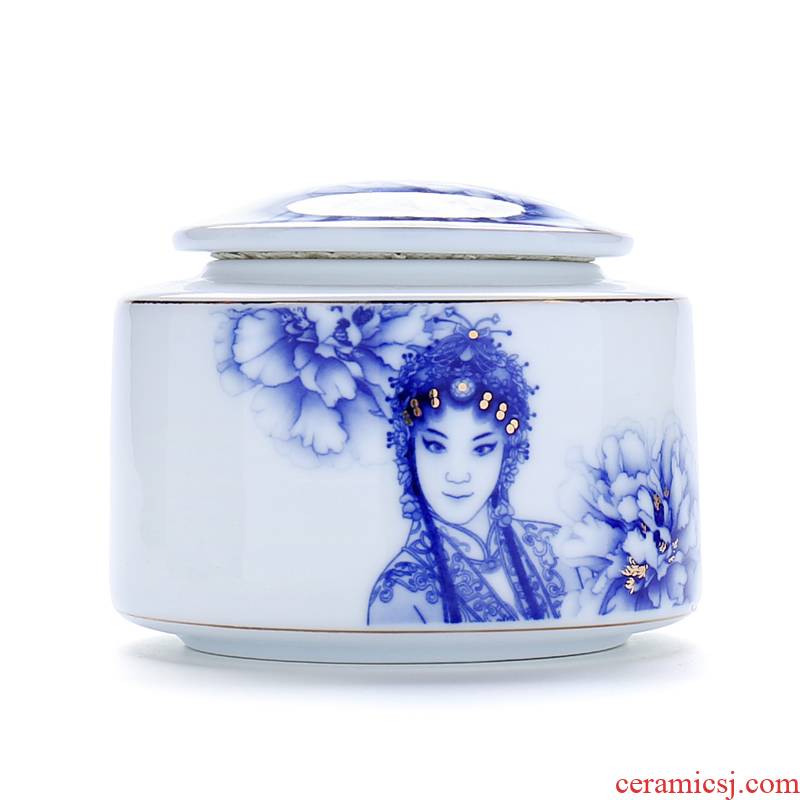 Ceramic tea tins storage tank caddy fixings tea box of blue and white porcelain tea pot of Peking Opera