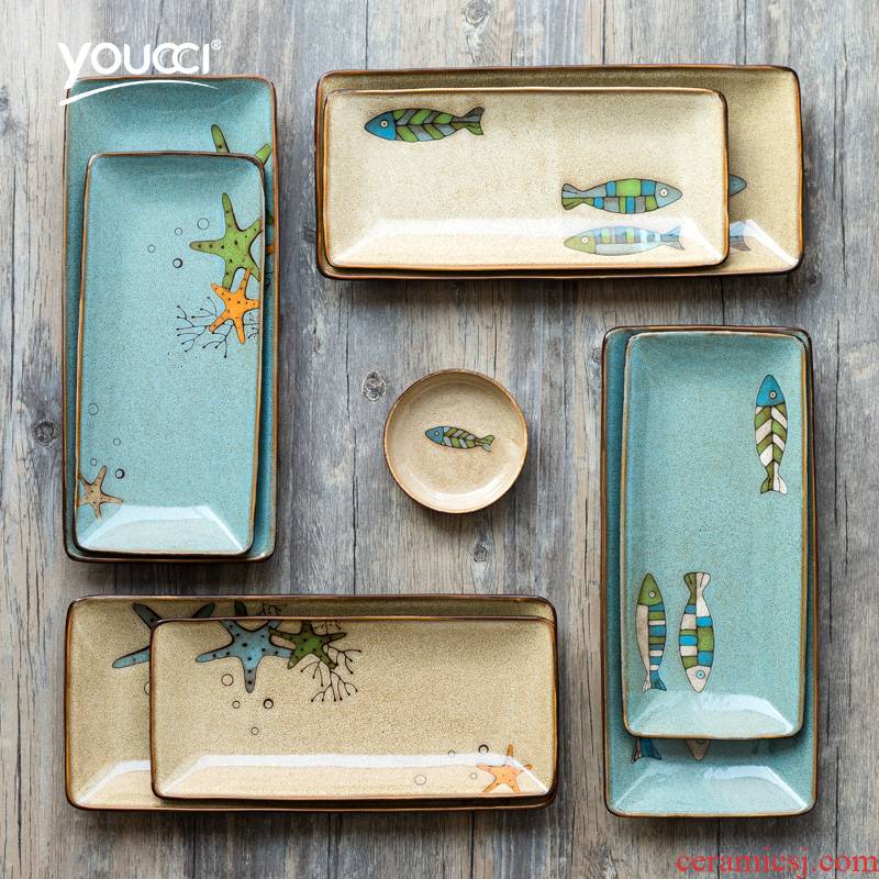 Japanese sushi plate rectangular fish dish plate household fruit bowl move creative flat ceramic plate