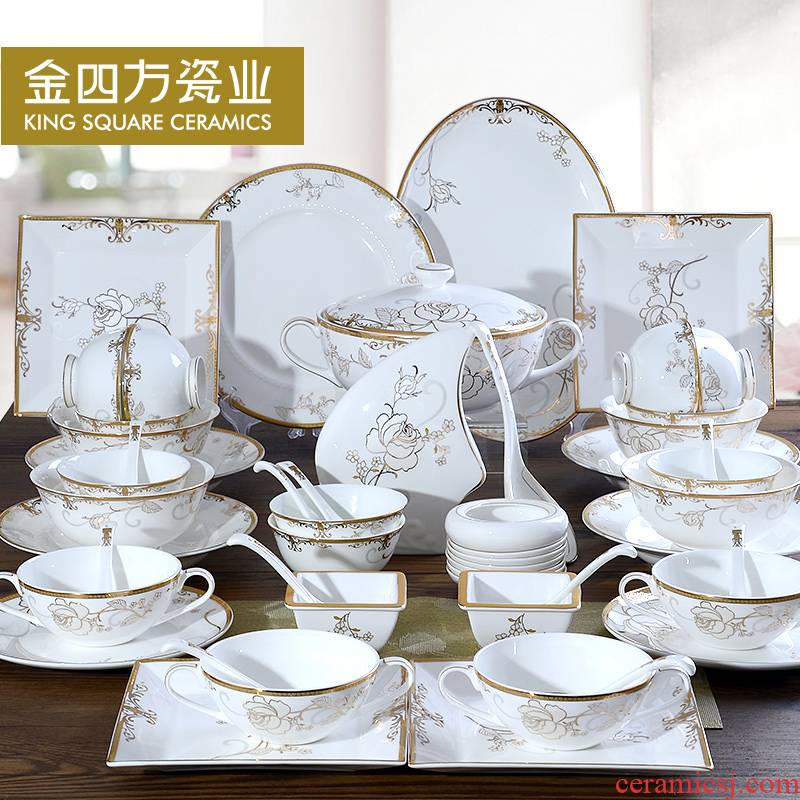 Gold square rose fairy 52 head tangshan ipads porcelain tableware suit European ceramic bowl which suits for the kitchen