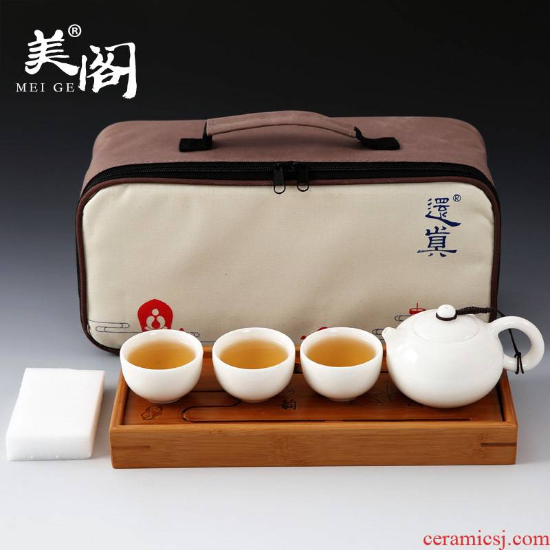 The pavilion built white porcelain tea set a pot of three cups of office travel three simple kungfu teapot crack cup