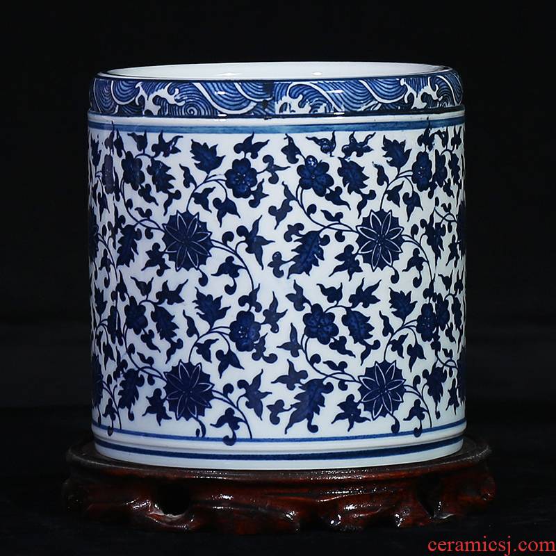 Jingdezhen blue and white porcelain ceramic vase bound branch lotus study classical household brush pot office handicraft furnishing articles