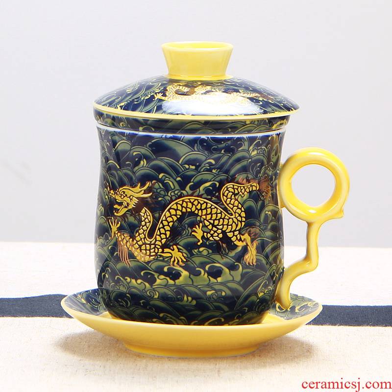 Dragon glass ceramic tea set four cups of blue and white porcelain personal water bottle with cover filter the meeting office tea cup